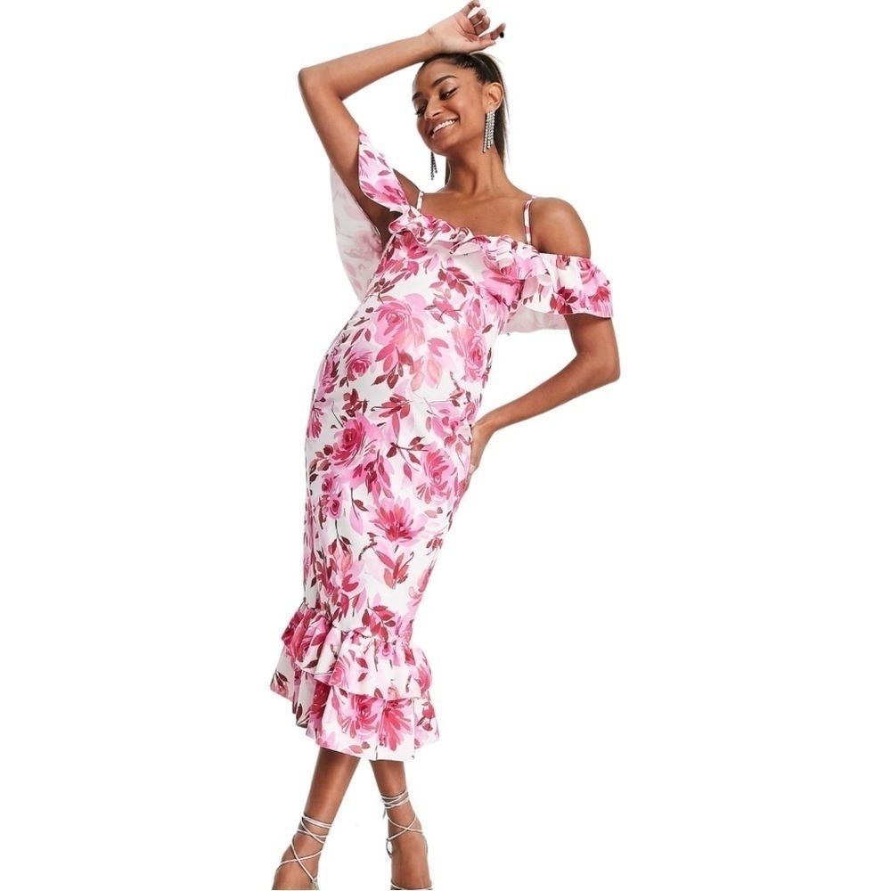 ASOS DESIGN Maternity Ruffle Midi Dress - Pink Floral Print, US Size 12